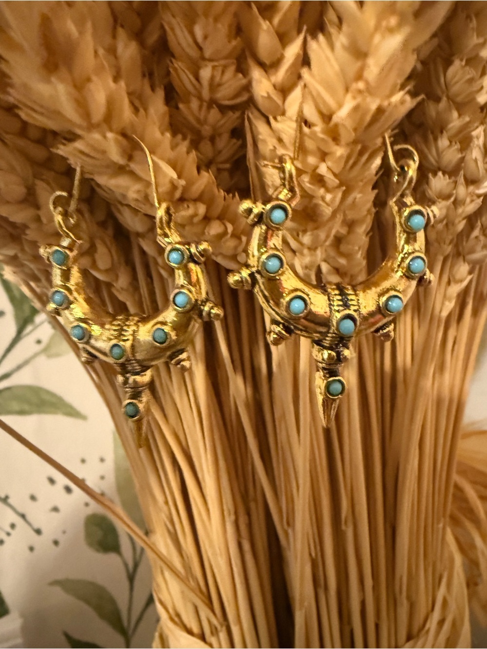 Gold-Tone Turquoise Accent Crescent Hoop Earrings - Women Jewelry - Picture 2 of 2